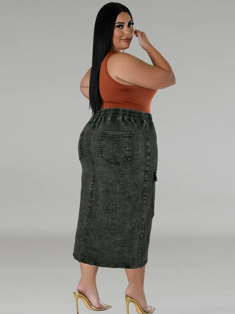 Summer New Plus Size Clothes High Waist Slit Denim Skirt For Women Washed Retro Pencil Skirt Hip-covering Straight Long Skirt