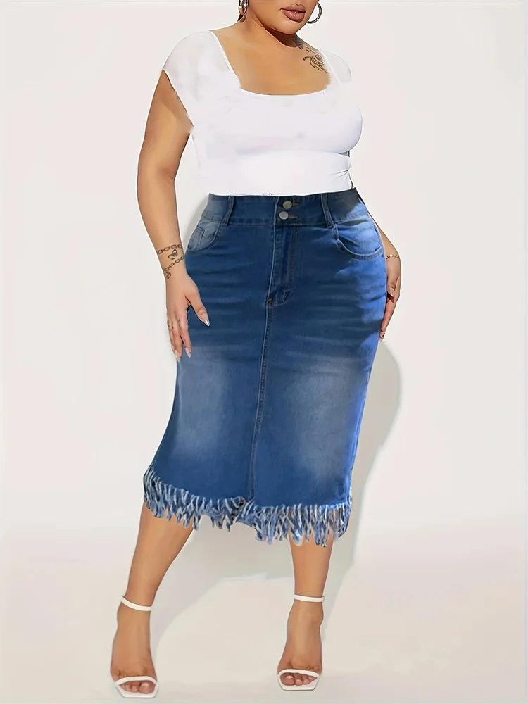 Women's Fringe Long Jean Skirts Fashion Casual Comforts Slim Mid Waist Stretch Denim Plus Size Half Skirt Four Seasons of Wear
