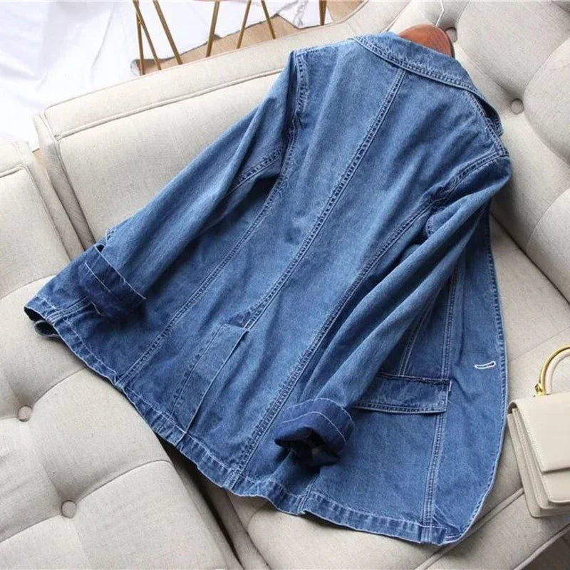 Vintage Suit Women Jeans Jacket Casual Tops Loose Short Denim Blazer Outwear Female Cowboy Basic Coat New Spring Autumn B420