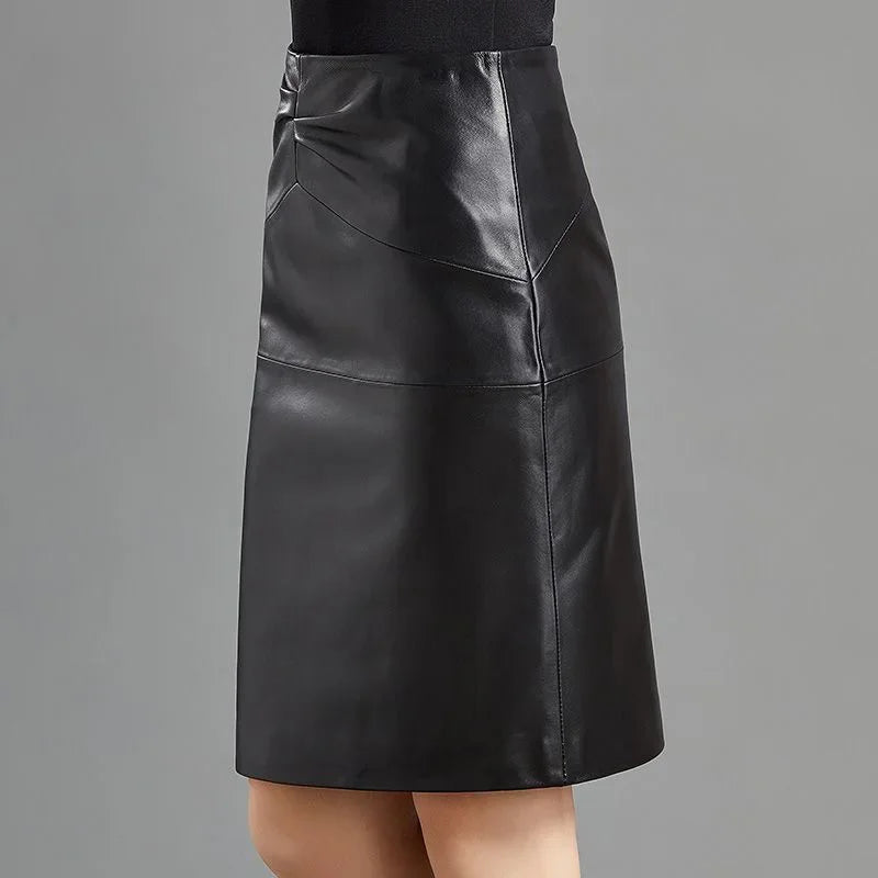 Women PU Leather Midi Skirt Rear Zipper Chic Office Black High Matte Waisted A-line Pencil Skirts Soft Elegant 2023 Winter
