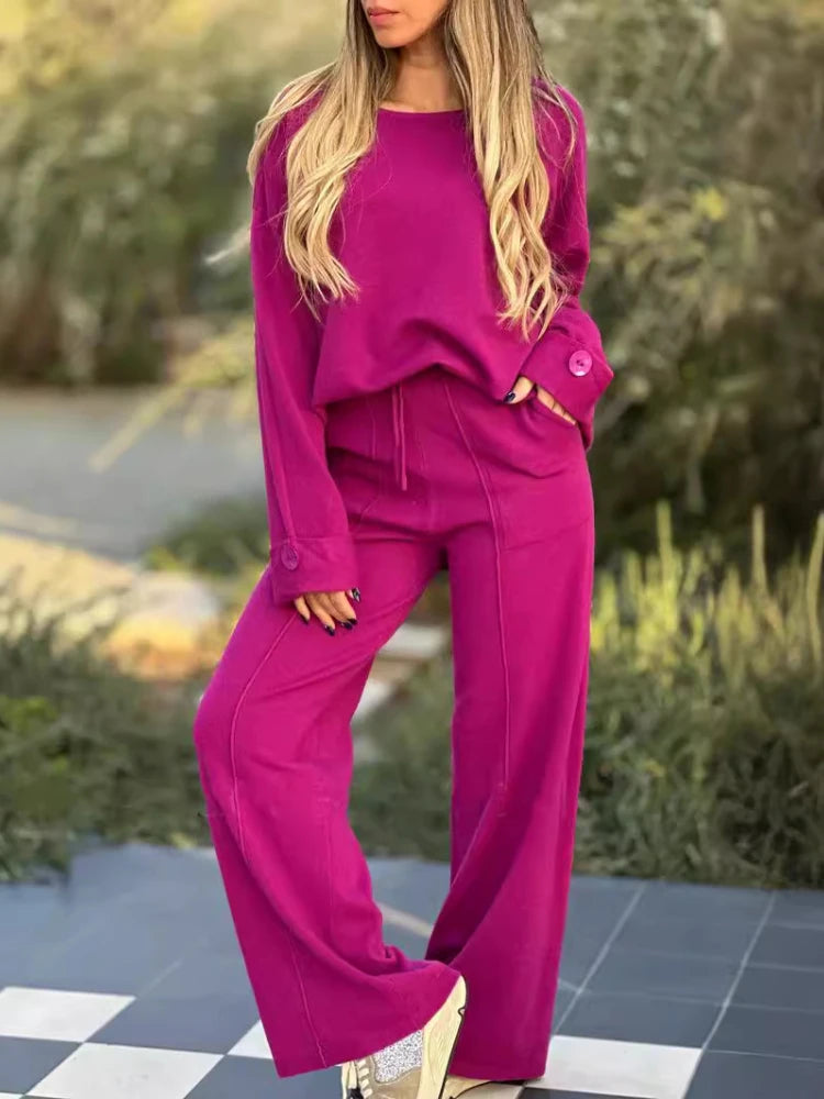 202 Autumn/Winter New Women's Loose Fashion Casual Set Round Neck Long Sleeve Top Elastic Waist Pants Two Piece Set