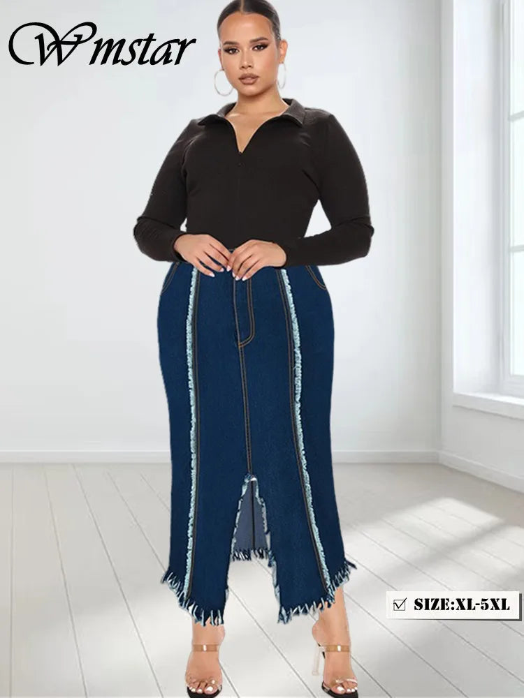 Wmstar Plus Size Only Denim Skirts Maxi Sexy Medium Stretch Long Flounce Skirt Wholesale Dropshipping 2024 Women's Clothing