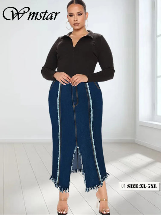 Wmstar Plus Size Only Denim Skirts Maxi Sexy Medium Stretch Long Flounce Skirt Wholesale Dropshipping 2024 Women's Clothing