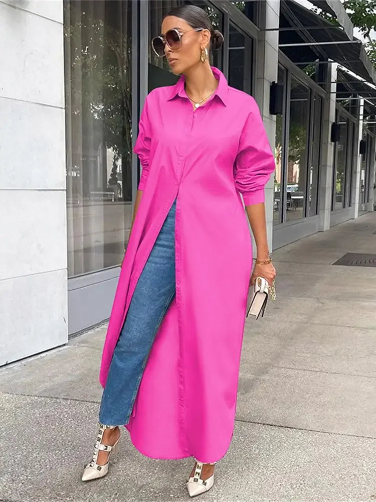 Fashion Casual Long Shirt Women Solid Color Single Breasted Jacket Fashion Elegant Long Dress Shirt 2022 Summer Streetwear S-2XL